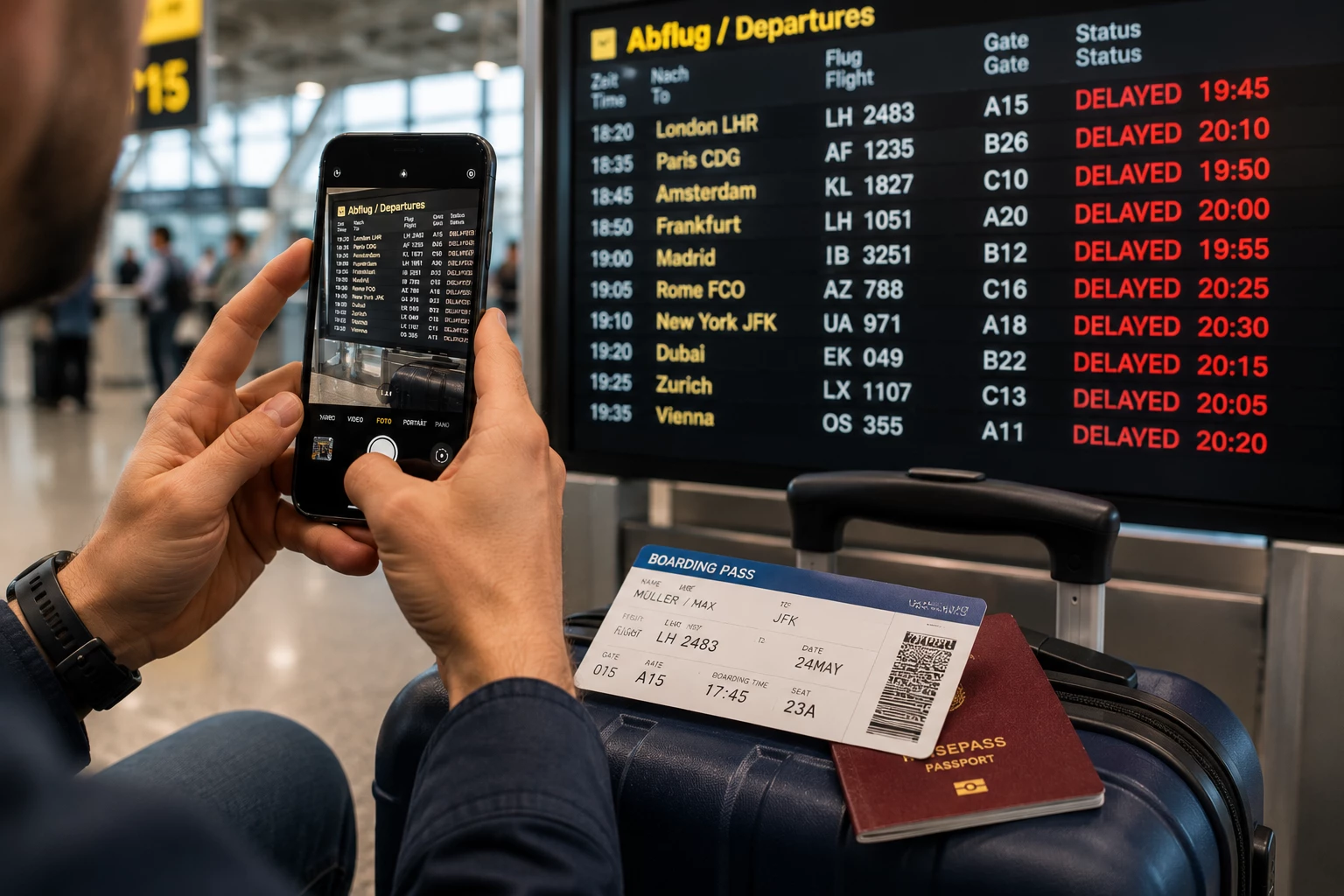 Beweise sichern statt nur ärgern: Fotos der Anzeigetafel, Boardingpass und weitere Reiseunterlagen können später helfen, eine Flugverspätung und mögliche Ansprüche nachzuweisen. (KI-generiert)