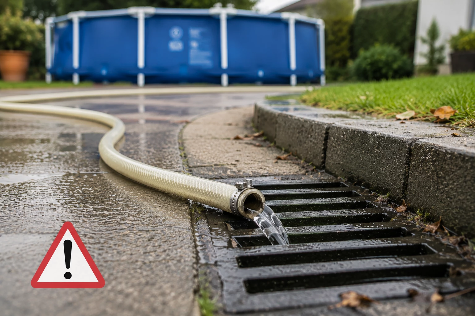 Den Schlauch einfach in den nächsten Gully legen? Das kann zum Problem werden, denn Regenwasserkanäle können das Poolwasser direkt in die Umwelt leiten. KI-generiert