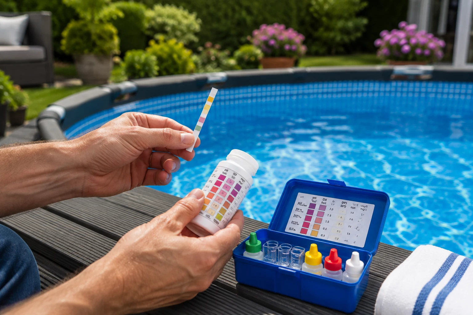Bevor der Pool geleert wird, lohnt sich ein Blick auf die Wasserwerte. Teststreifen oder Testkits zeigen unter anderem, ob noch freies Chlor vorhanden ist. KI-generiert