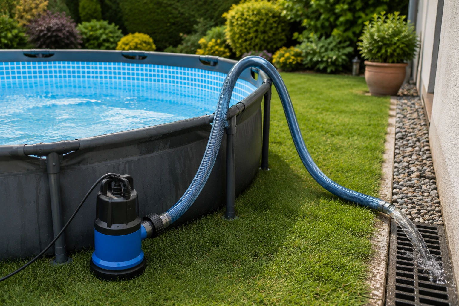Eine Tauchpumpe erleichtert das kontrollierte Entleeren größerer Pools – entscheidend bleibt jedoch, wohin das abgepumpte Wasser geleitet wird. KI-generiert