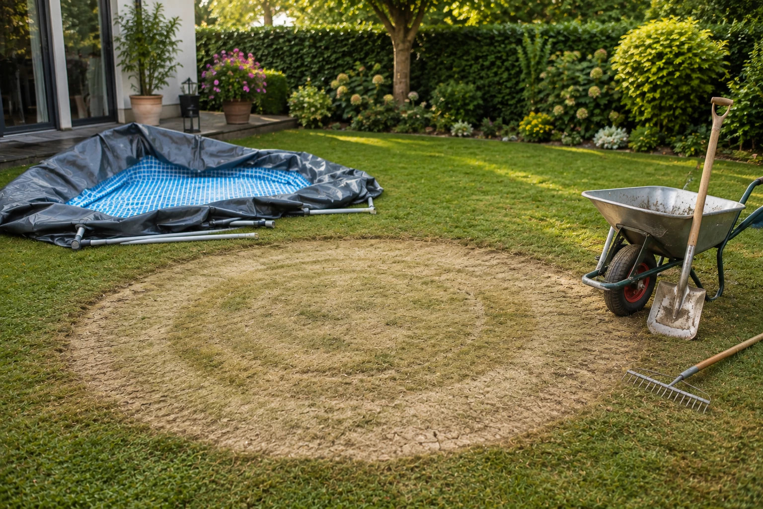 Garten nach dem Pool: Nach dem Abbau eines Aufstellpools bleibt häufig eine deutlich beanspruchte Rasenfläche zurück, die mit der richtigen Pflege wieder regeneriert werden kann. KI-generiert