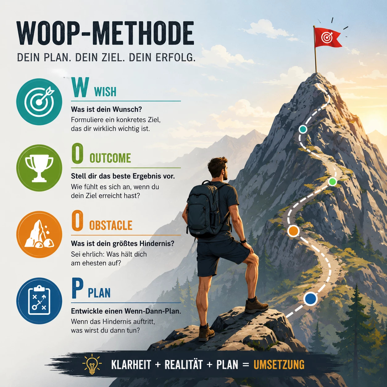 Wish, Outcome, Obstacle und Plan: Die WOOP-Methode verbindet Motivation mit realistischer Planung und zählt zu den bekanntesten Strategien der modernen Motivationspsychologie. (KI-generiert)