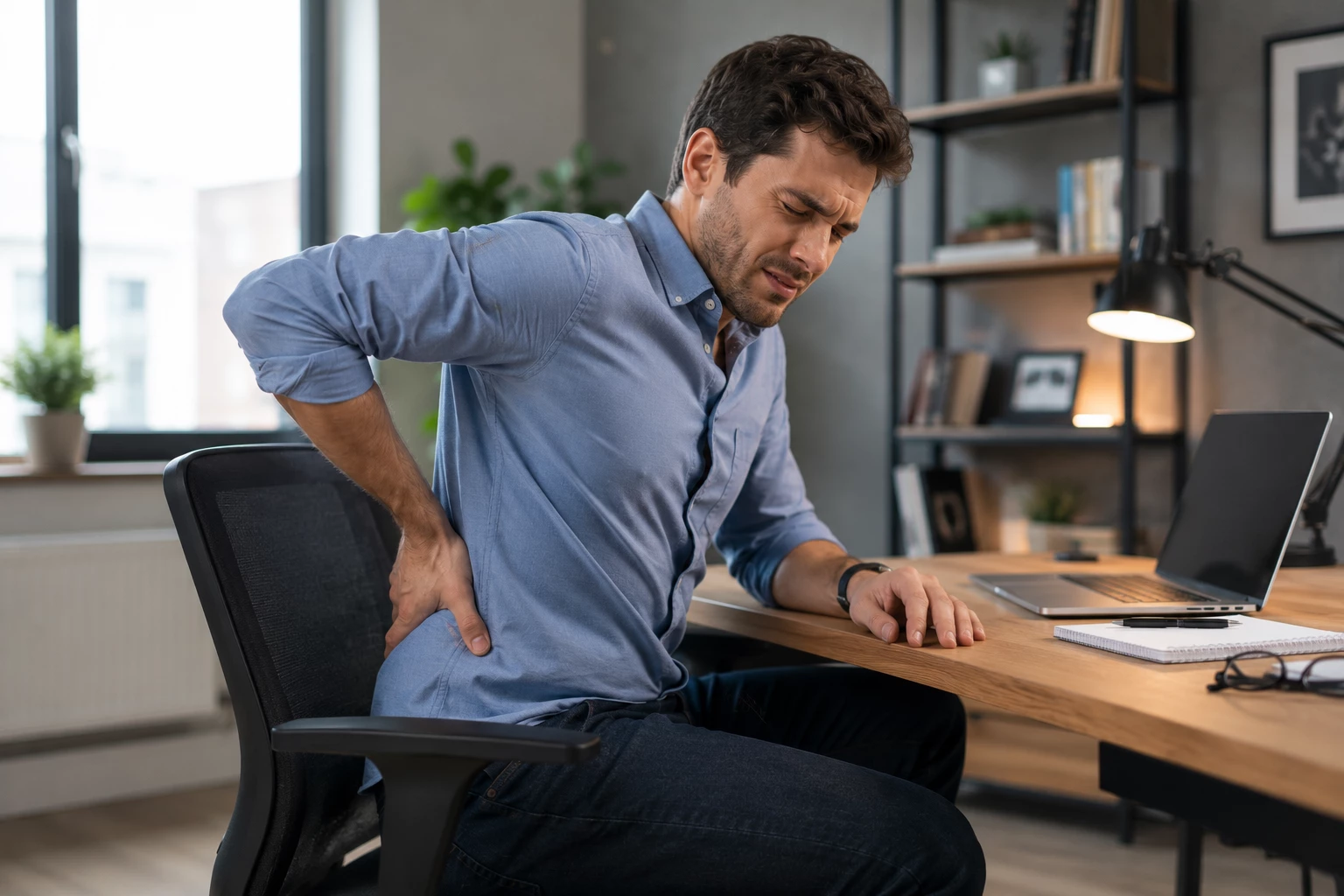 Langes Sitzen und eine schlechte Haltung im Homeoffice können Rücken und Nacken dauerhaft belasten. (KI-generiert)