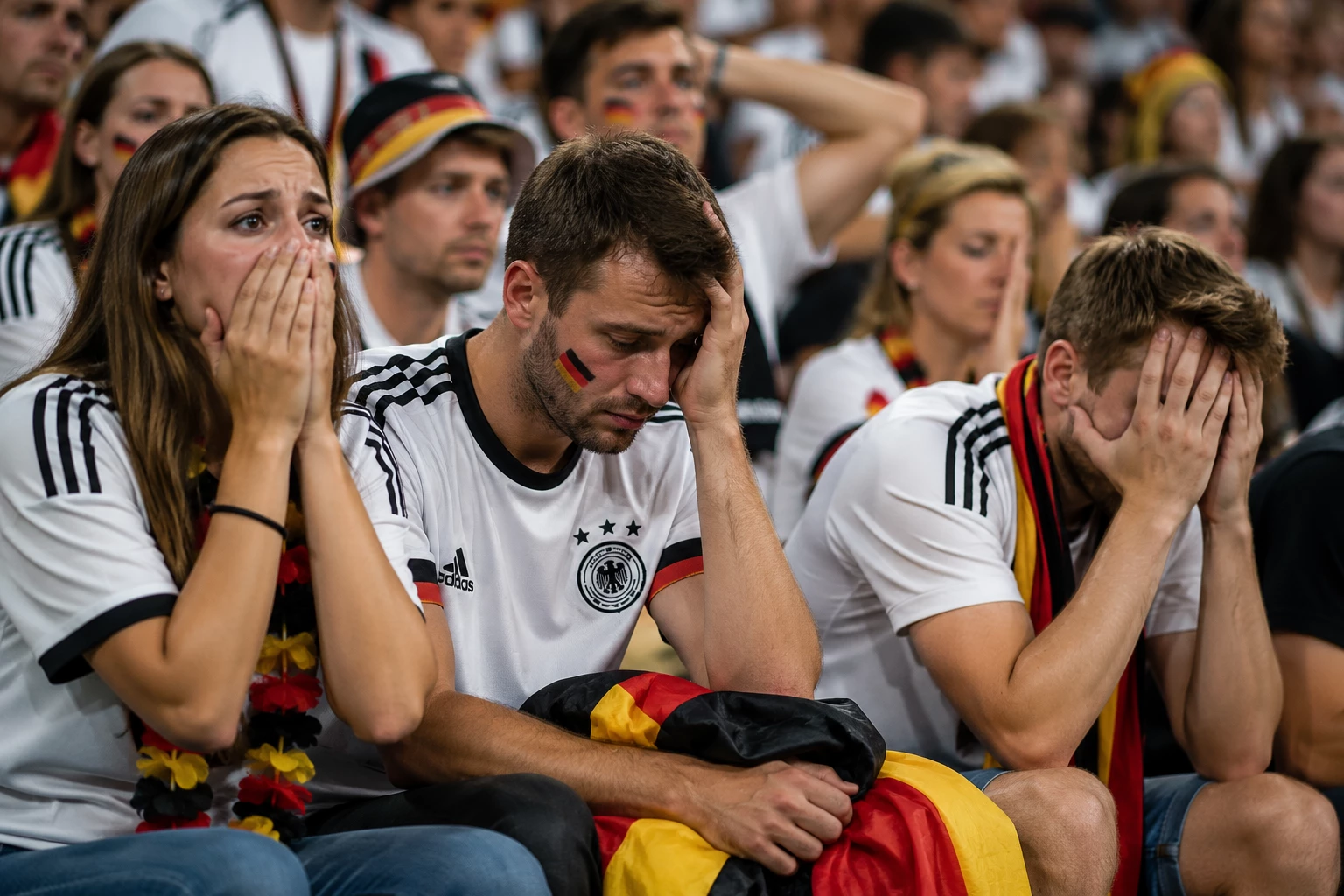 Enttäuschte Gesichter nach dem WM-Aus: Für viele deutsche Fans geht es längst um mehr als nur eine sportliche Niederlage. (KI-generiert)