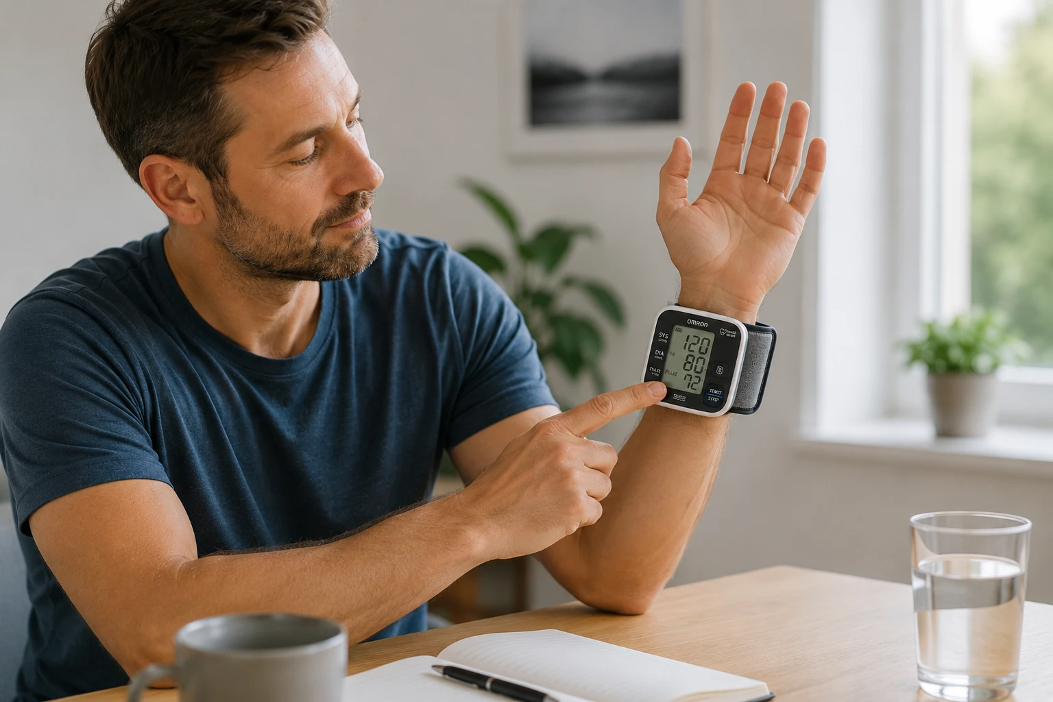 Entscheidend für die Handgelenkmessung: Der Arm wird abgestützt und das Handgelenk auf Herzhöhe gehalten. (KI-generiert)