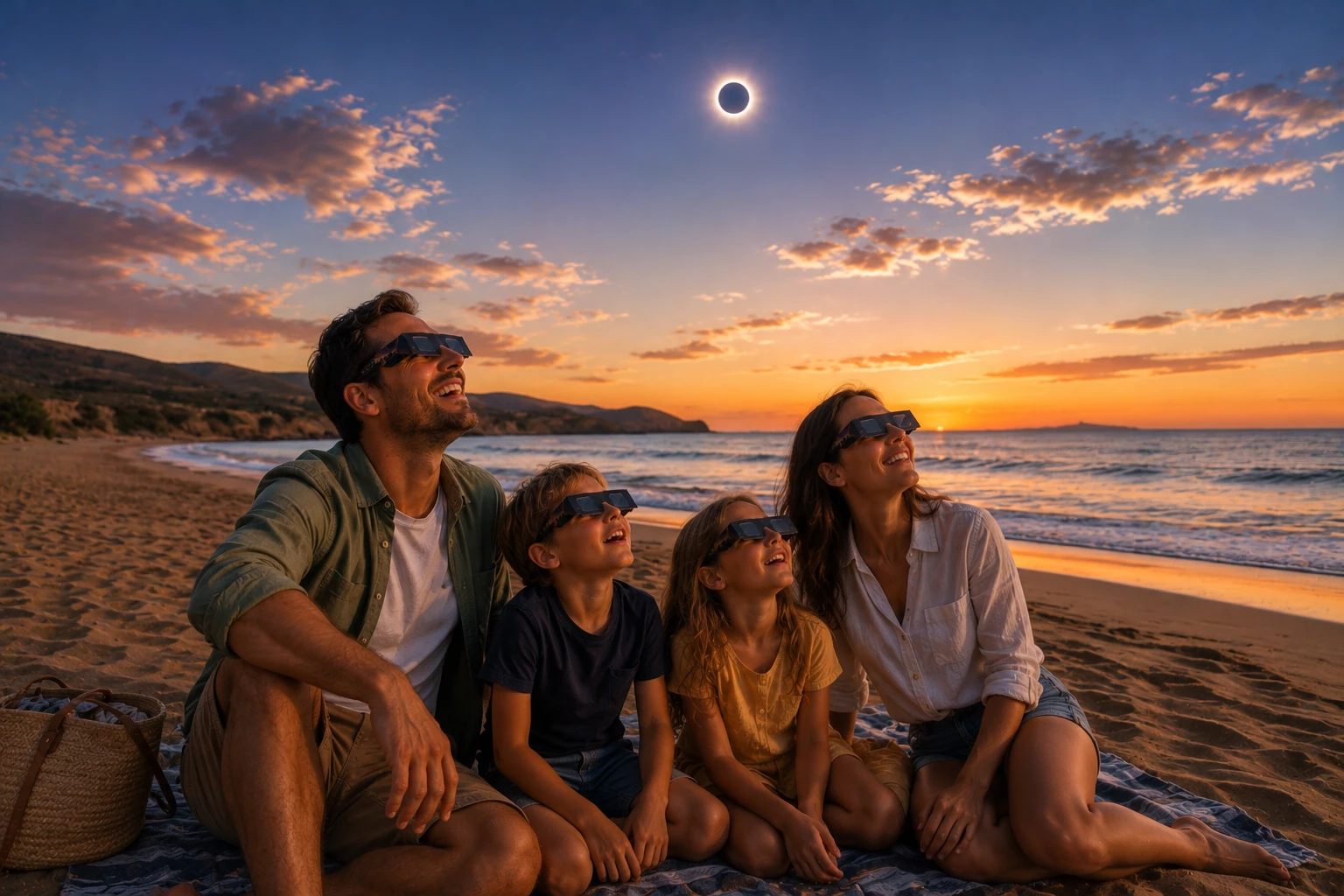 Gemeinsam wird die totale Sonnenfinsternis für viele Familien zum unvergesslichen Urlaubserlebnis – Küsten mit freiem Blick auf den Horizont bieten dafür besonders gute Bedingungen. (KI-generiert)