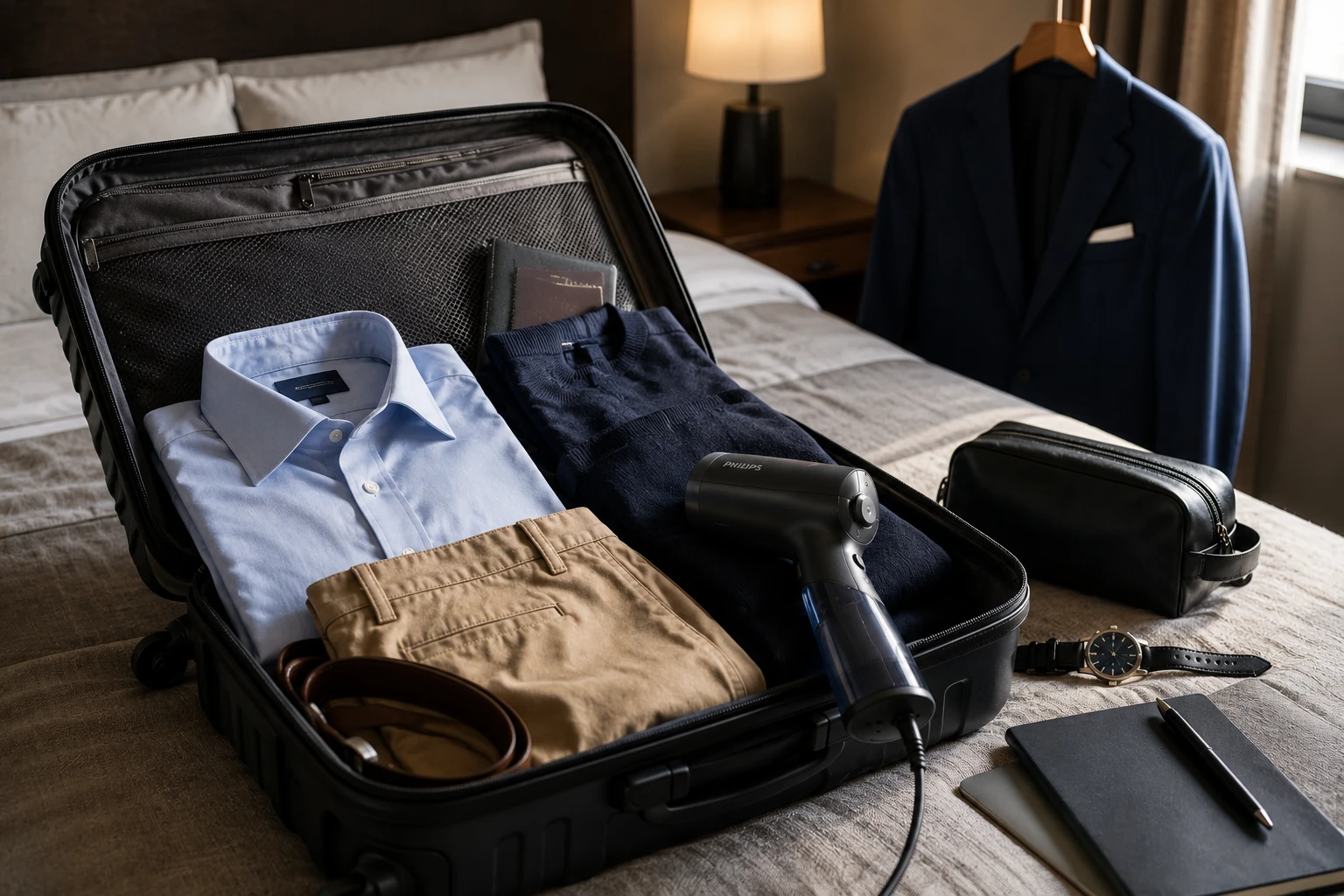 Praktischer Begleiter auf Geschäftsreisen: Ein kompakter Dampfglätter findet neben Hemd, Hose und Pullover noch Platz im Kabinenkoffer und hilft, das Outfit im Hotel wieder aufzufrischen. (KI-generiert)