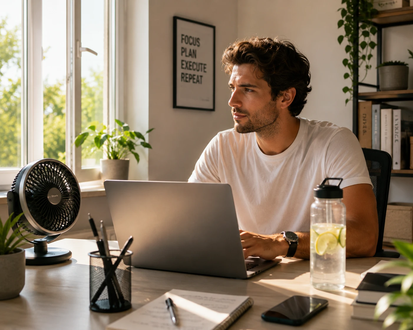 Wenn das Homeoffice wieder zur Wärmezentrale wird, sorgen Ventilator, ausreichend Getränke und ein gut gelüfteter Arbeitsplatz für einen angenehmeren Arbeitstag. (KI-generiert)