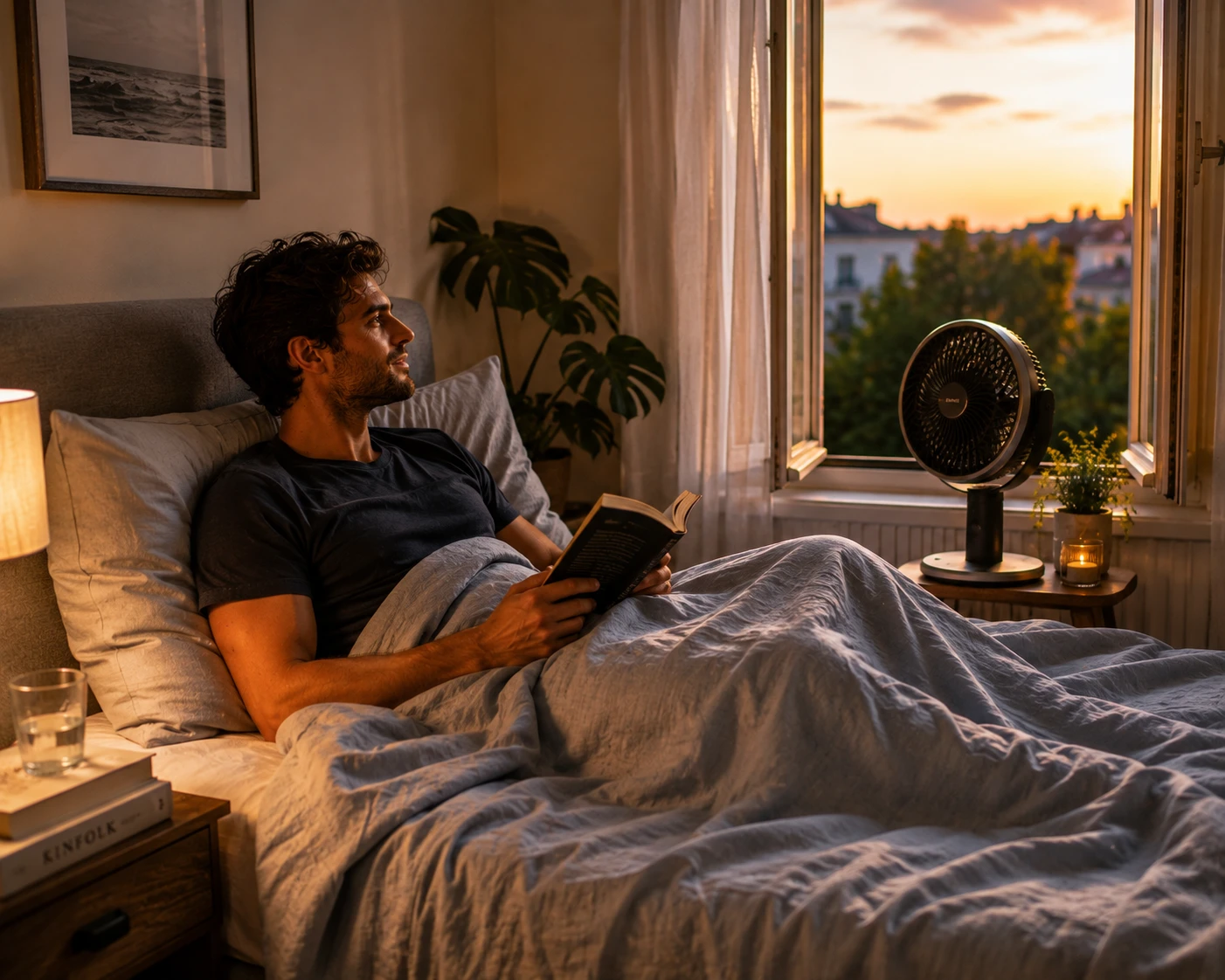 Auch warme Nächte können im Spätsommer zurückkehren: Leichte Bettwäsche, ein geöffnetes Fenster und ein Ventilator sorgen für mehr Wohlfühlatmosphäre im Schlafzimmer. (KI-generiert)