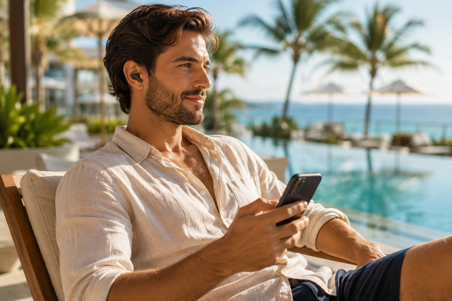 Am Hotelpool sorgen kabellose Kopfhörer für entspannten Musik- oder Podcast-Genuss – ideal, um zwischen Sonnenbad und Abkühlung einfach abzuschalten. (KI-generiert)