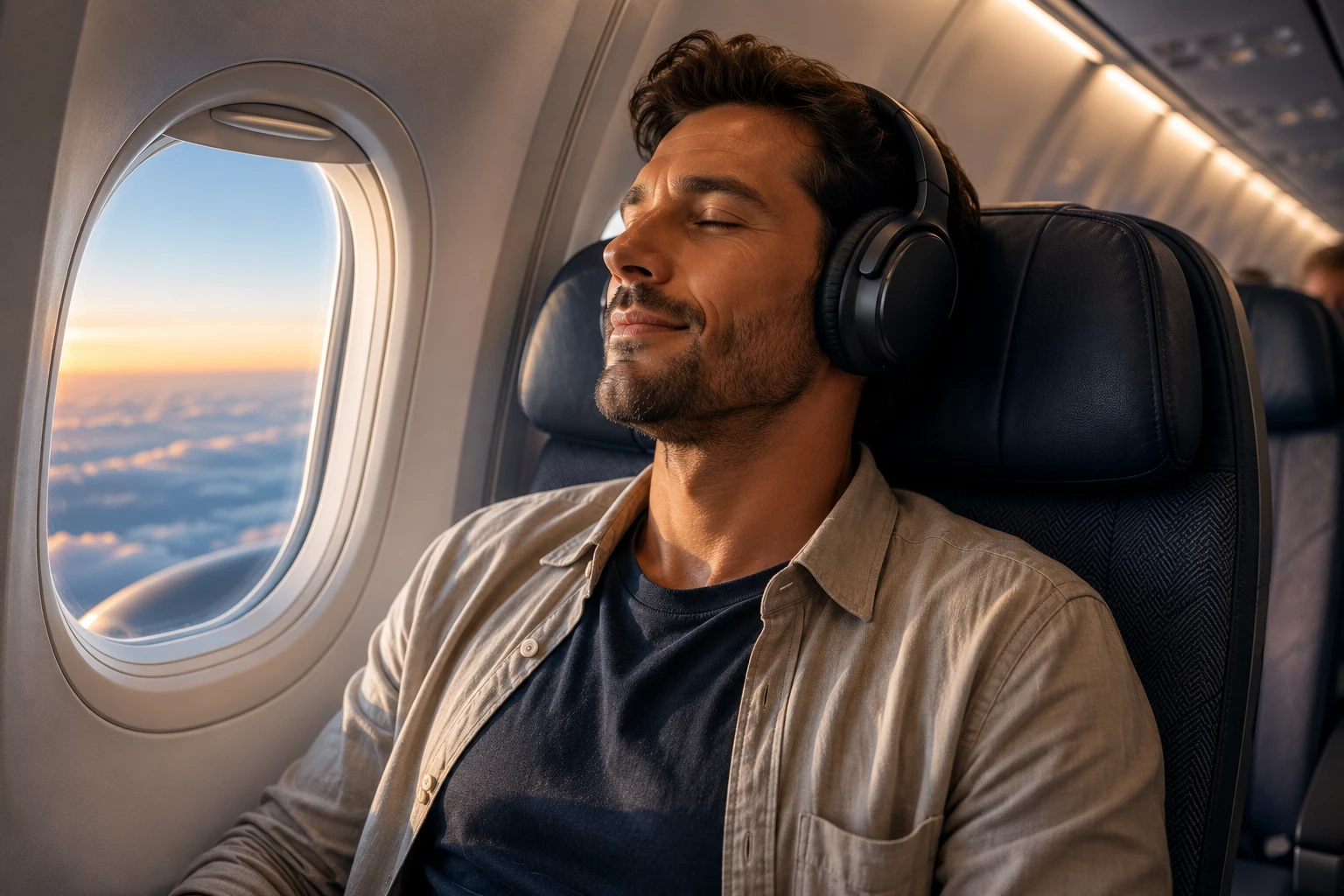 Noise-Cancelling-Kopfhörer reduzieren gleichmäßige Reisegeräusche und sorgen auf langen Flügen für ein entspannteres Hörerlebnis. (KI-generiert)