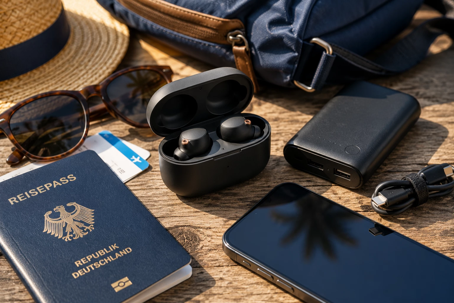 Kabellose Kopfhörer, Powerbank und Reisepass gehören für viele Reisende zur unverzichtbaren Ausstattung im Sommerurlaub. (KI-generiert)