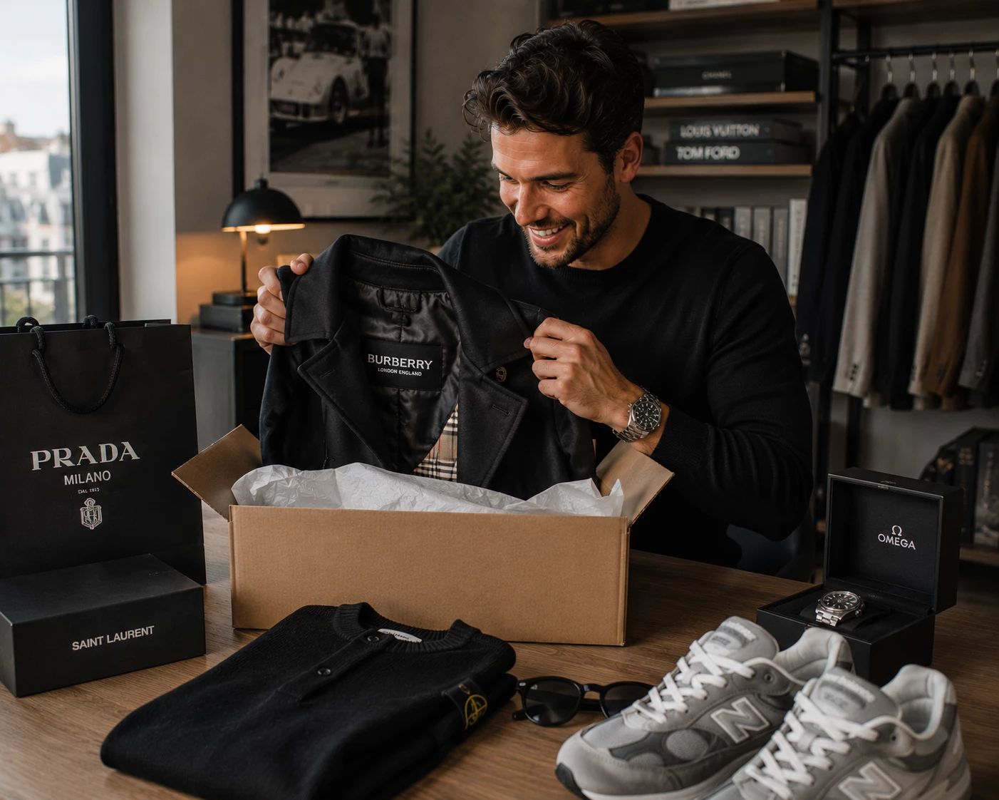 Designer Second Hand ist für Männer eine clevere Möglichkeit, hochwertige Kleidung, Sneaker und Uhren günstiger zu kaufen. (KI-generiert)