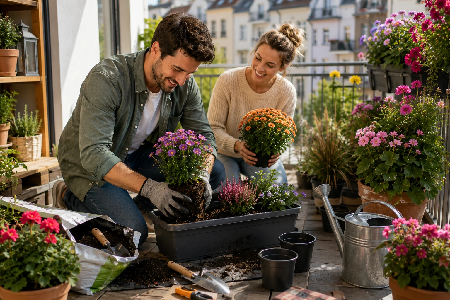 Das gemeinsame Bepflanzen macht aus dem Spätsommer-Projekt Teamarbeit: Mit frischer Erde und neuen Herbstblühern bekommt der Balkon noch einmal Farbe. (KI-generiert)
