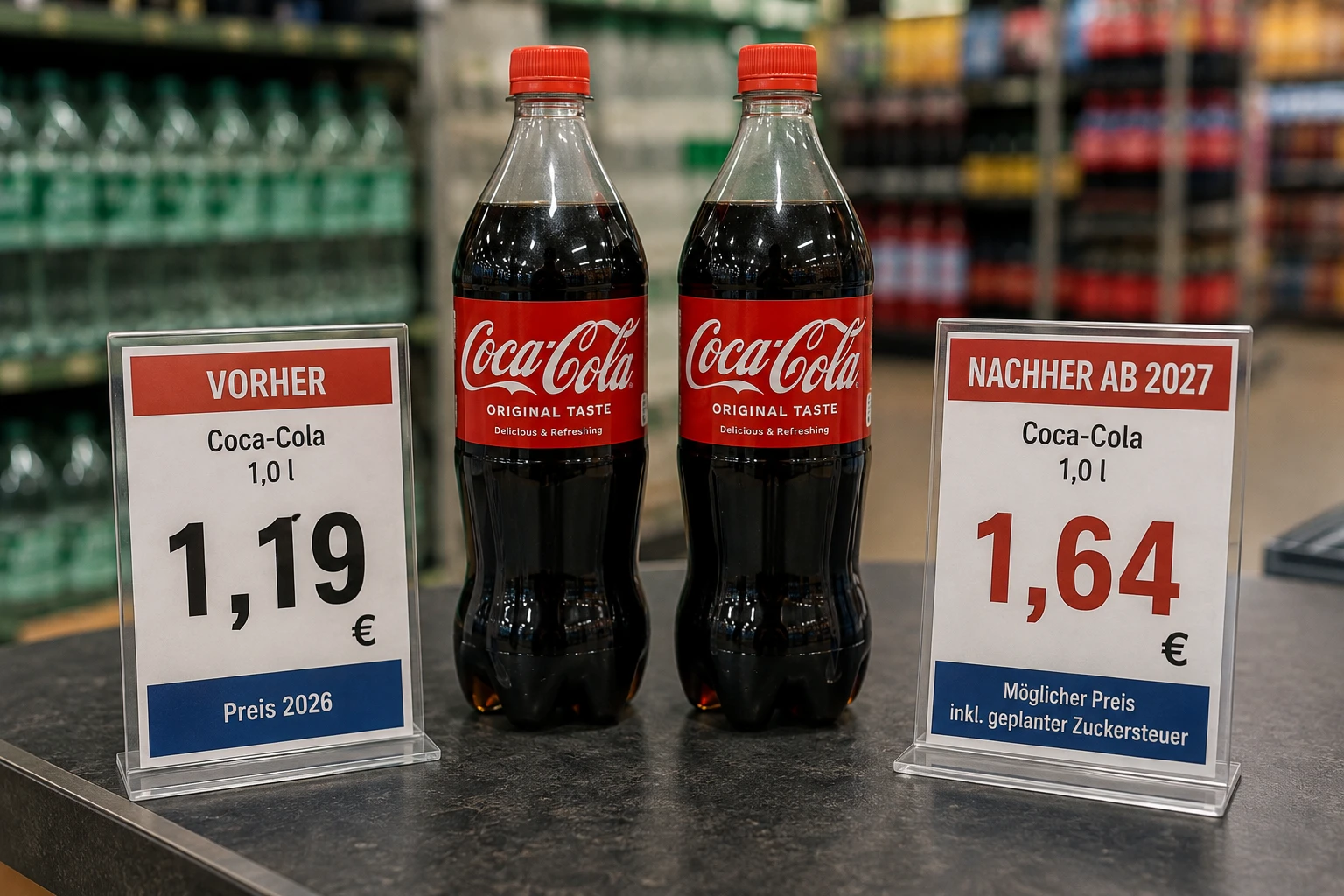 Zwei Cola-Flaschen im Preisvergleich zeigen, wie sich die geplante Zuckersteuer auf den Literpreis auswirken könnte. (KI-generiert)
