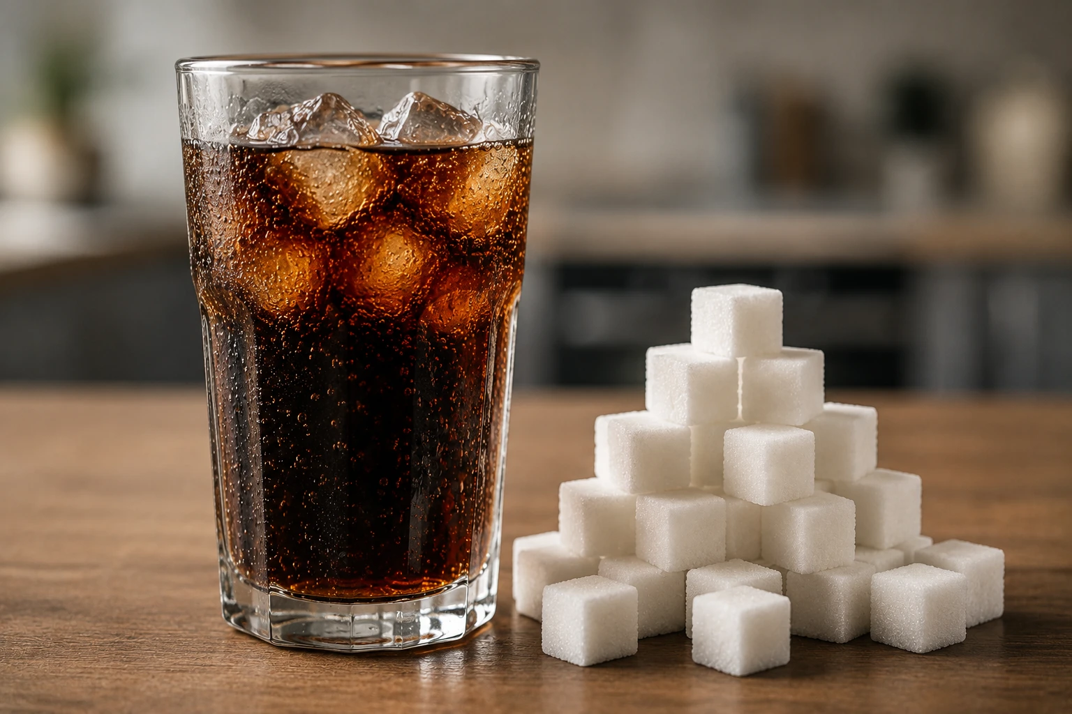 Ein Glas Cola neben Würfelzucker verdeutlicht, wie viel Zucker klassische Softdrinks enthalten können. (KI-generiert)