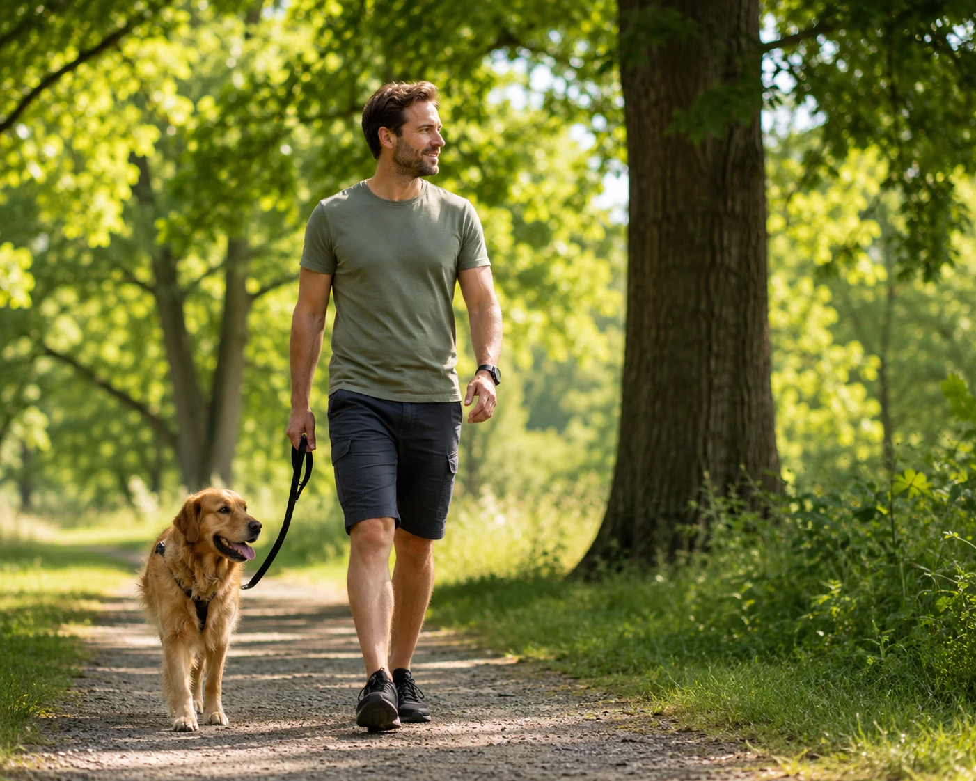 Beim Spaziergang unter Eichen ist im Sommer Aufmerksamkeit gefragt – Hunde sollten in betroffenen Bereichen an der Leine bleiben, damit sie nicht an Raupen oder Nestern schnüffeln. (KI-generiert)