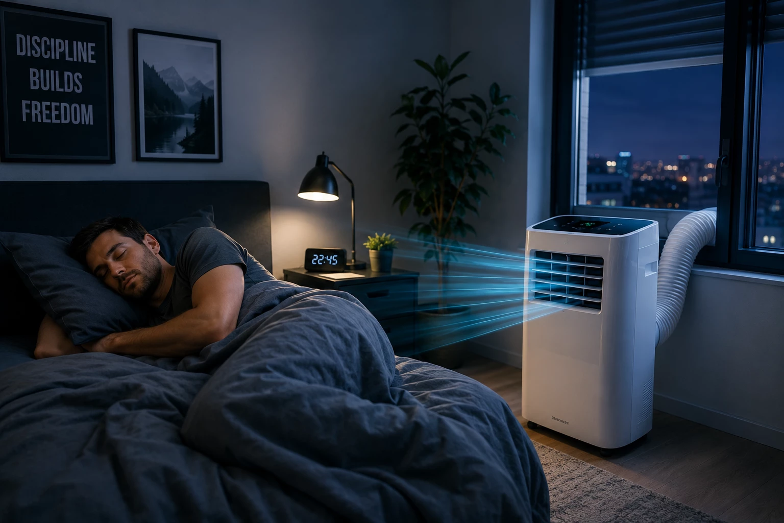 Mit einer leistungsstarken mobilen Klimaanlage bleibt das Schlafzimmer auch in heißen Sommernächten angenehm kühl. (KI-generiert)