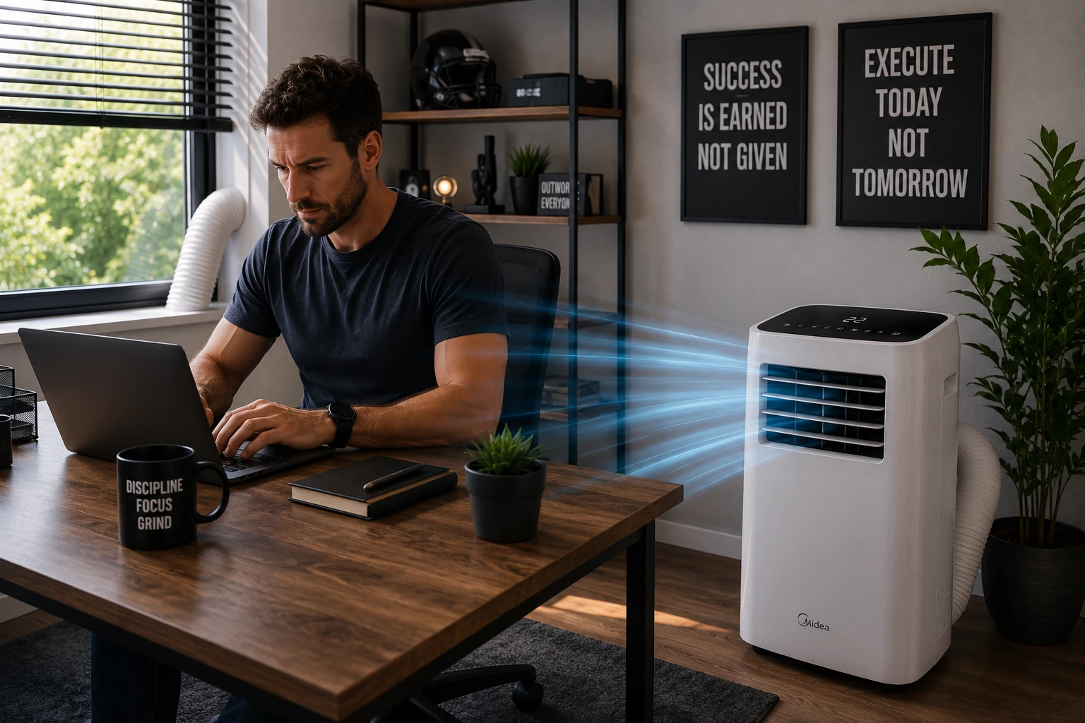 Angenehme Raumtemperaturen sorgen im Homeoffice für mehr Konzentration und produktiveres Arbeiten – selbst an heißen Sommertagen. (KI-generiert)