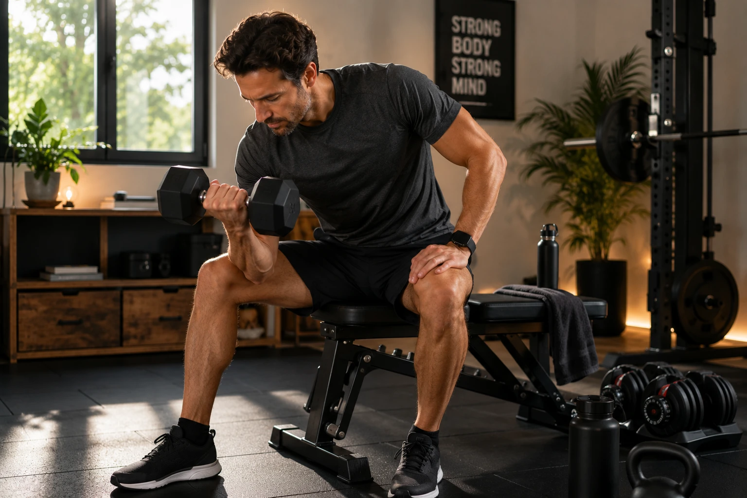 Muskeln sind körperliche Altersvorsorge: Konsequentes Krafttraining hilft dabei, Kraft und körperliche Leistungsfähigkeit möglichst lange zu erhalten – und funktioniert auch im eigenen Home-Gym. (KI-generiert)