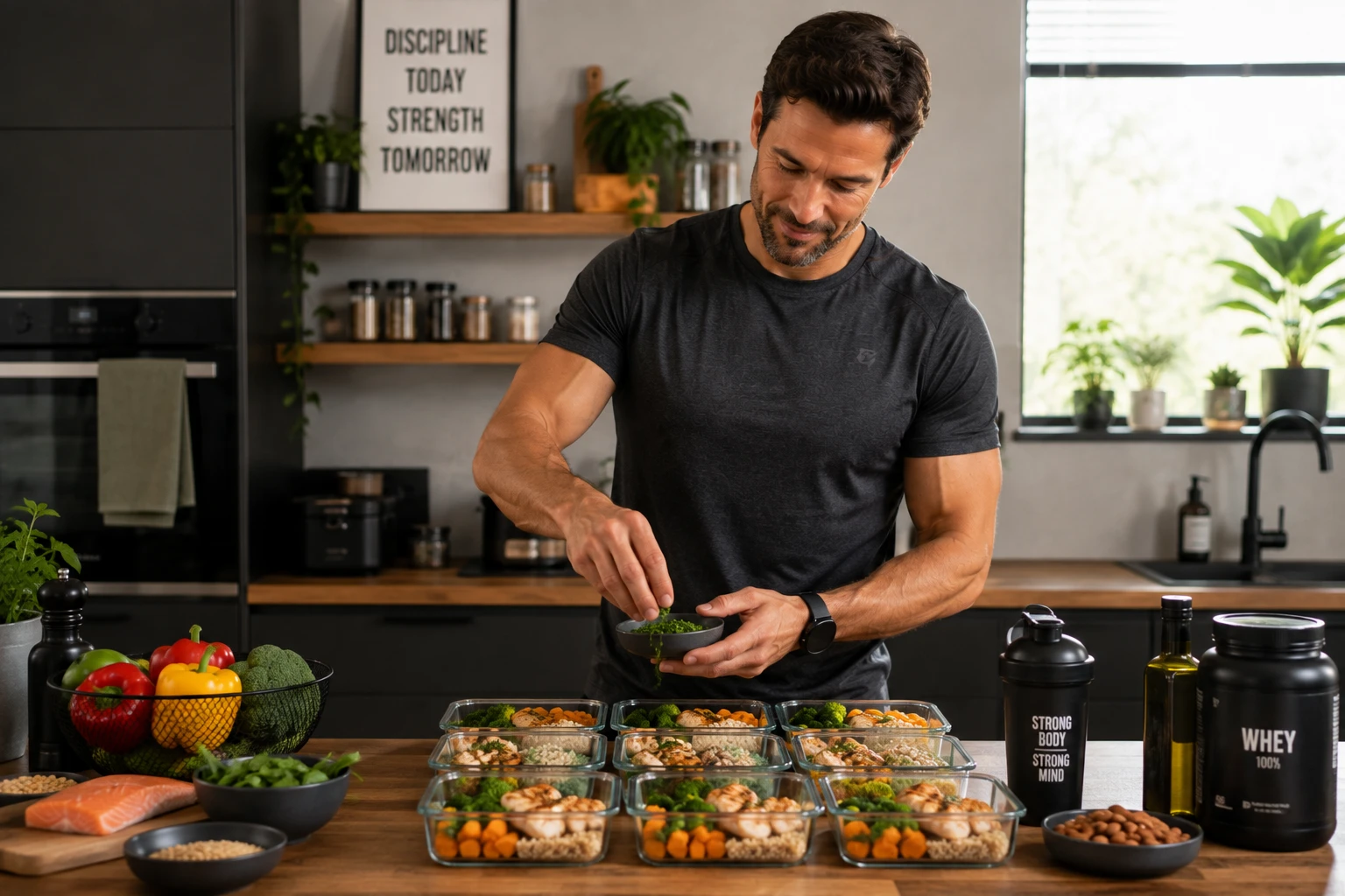 Gute Ernährung muss nicht kompliziert sein: Mit Meal Prep lassen sich ausgewogene Mahlzeiten aus Gemüse, hochwertigen Proteinquellen und sättigenden Beilagen auch in einen sportlichen Alltag integrieren – und gesunde Routinen langfristig leichter durchhalten. (KI-generiert)