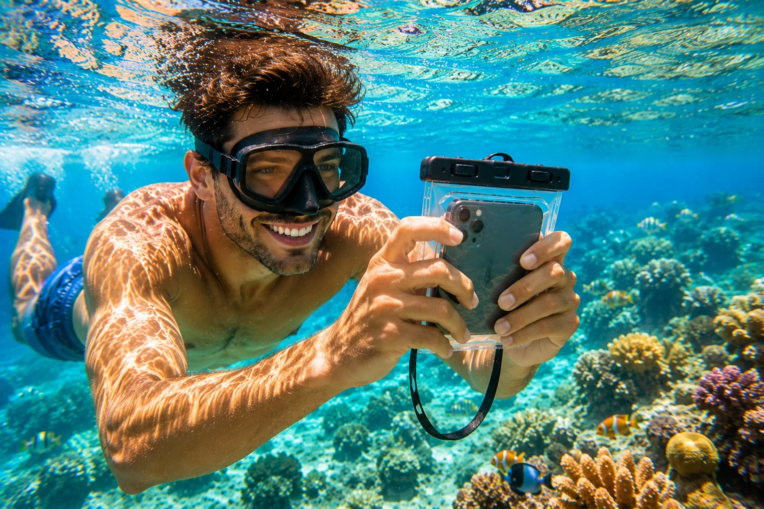 Mit einer wasserdichten Handyhülle gelingen beeindruckende Aufnahmen knapp unter der Meeresoberfläche – ohne das Smartphone unnötigen Risiken auszusetzen. (KI-generiert)