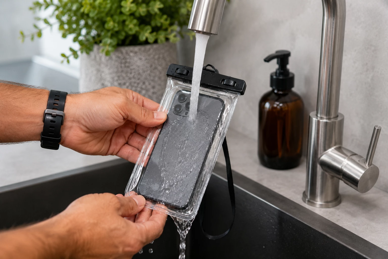 Nach dem Einsatz im Meer sollte eine wasserdichte Handyhülle gründlich mit Süßwasser abgespült werden, um Salzablagerungen zu entfernen. (KI-generiert)