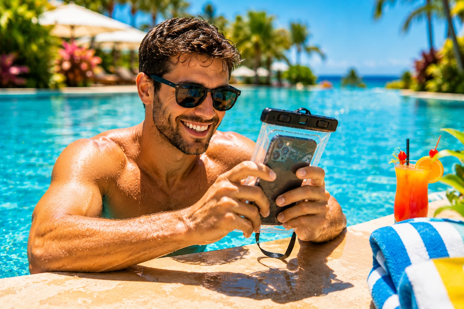 Eine wasserdichte Handyhülle schützt das Smartphone zuverlässig vor Wasser, Sonnencreme und nassen Händen – ideal für entspannte Stunden am Pool. (KI-generiert)