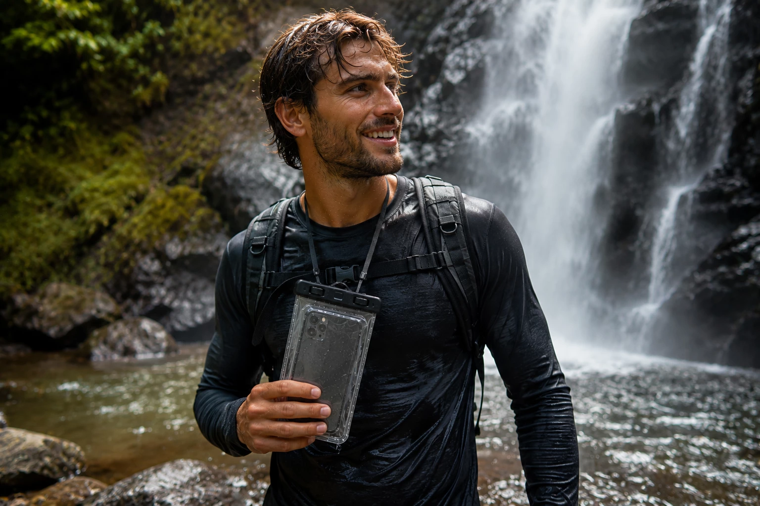 Ob beim Wandern oder an einem Wasserfall – mit einer wasserdichten Handyhülle bleibt das Smartphone auch bei feuchten Bedingungen sicher geschützt. (KI-generiert)