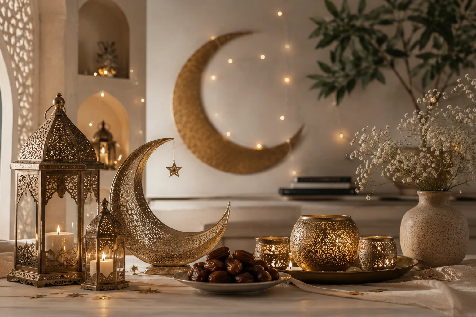 Halbmond-Deko, Laternen und warme Lichtstimmung sorgen für festliche Eid-Vibes zuhause. (KI-generiert)