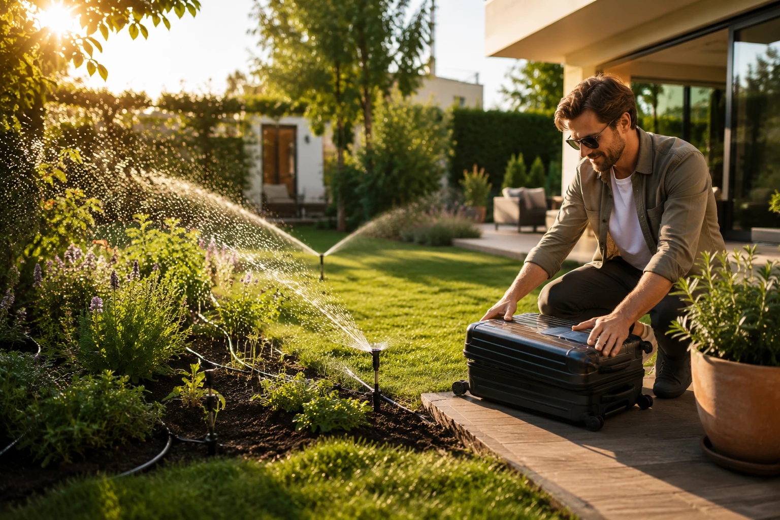 Mit einer automatischen Gartenbewässerung bleibt der Garten auch an heißen Sommertagen gepflegt und einladend. (KI-generiert)
