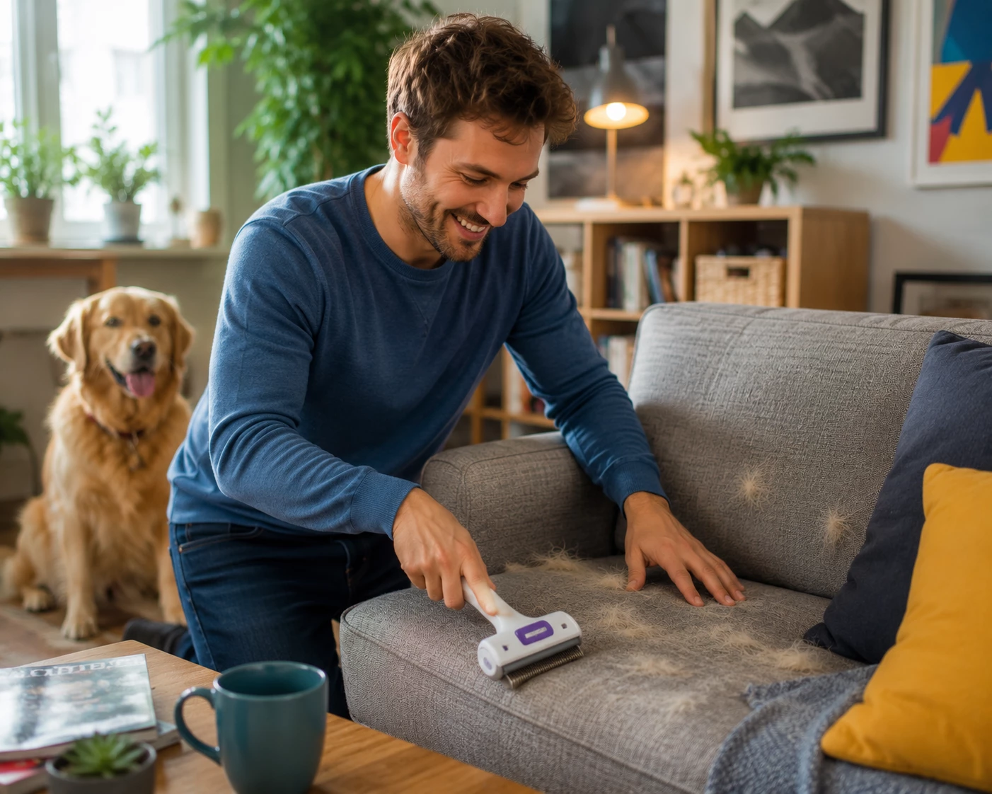 Mit einem hochwertigen Tierhaarentferner lassen sich Hunde- und Katzenhaare schnell und gründlich von Sofas und Polstermöbeln entfernen. (KI-generiert)