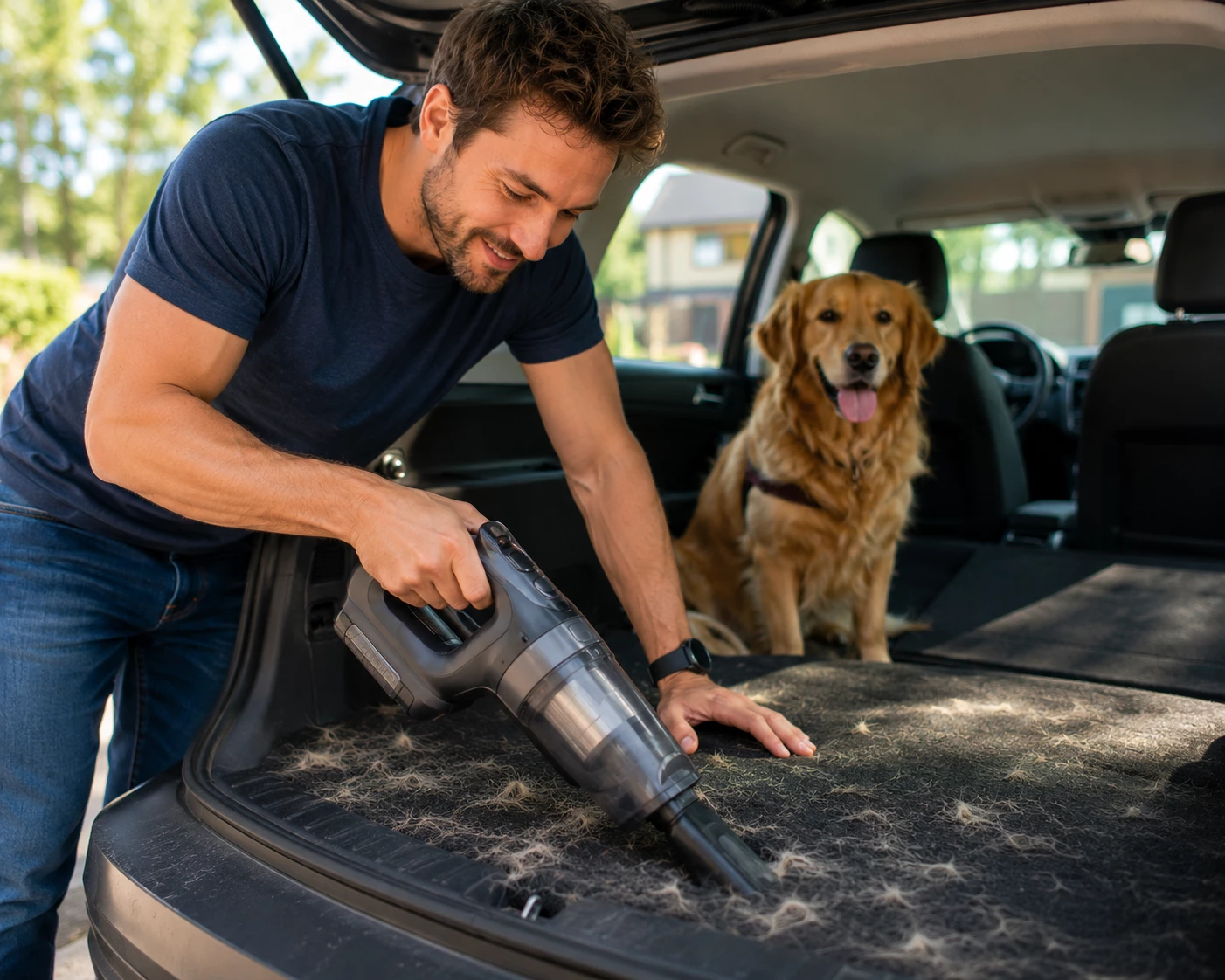 Spezielle Tierhaarentferner und Handstaubsauger helfen dabei, Hundehaare auch aus Autositzen und dem Kofferraum zuverlässig zu entfernen. (KI-generiert)