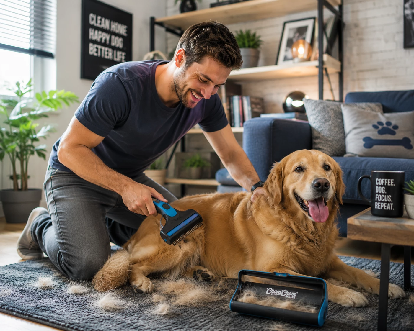 Regelmäßige Fellpflege reduziert lose Haare direkt am Hund und sorgt dafür, dass deutlich weniger Fell in der Wohnung landet. (KI-generiert)