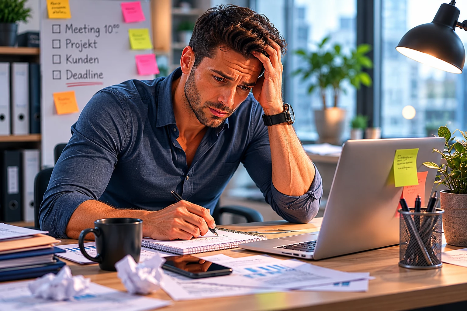 Zwischen Meetings, Deadlines und Verantwortung bleibt die eigene Gesundheit oft auf der Strecke – mit Folgen für Figur und Wohlbefinden. (KI-generiert)