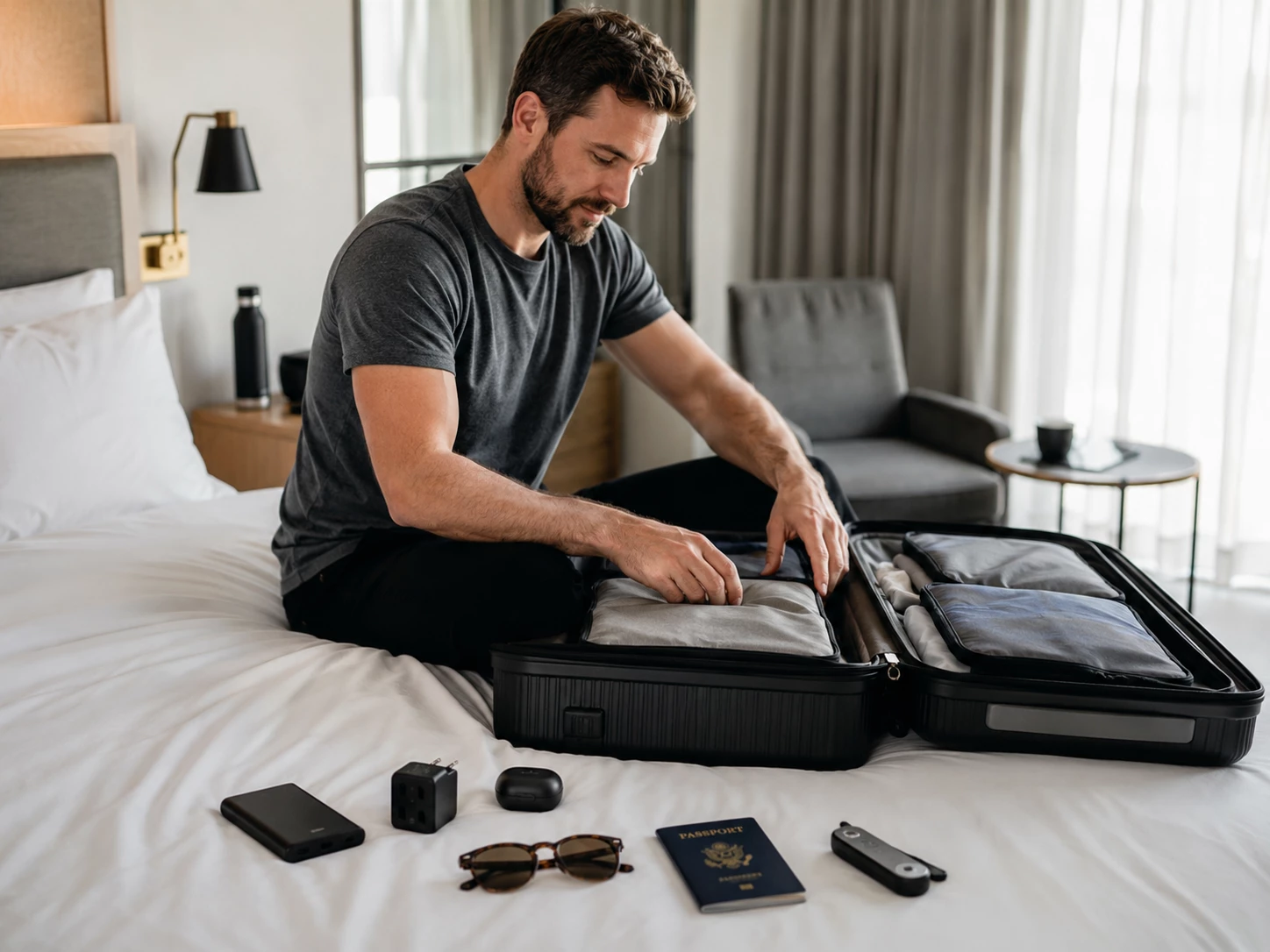 Schon beim Koffer packen leisten die Gadgets gute Dienste, kompakt und praktisch. (Bild KI generiert)