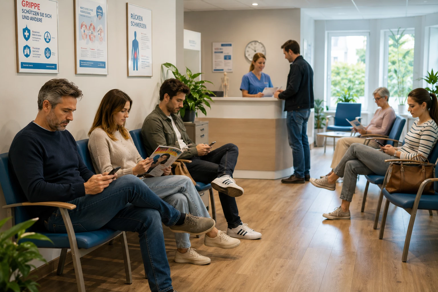 Volle Wartezimmer könnten bei einer allgemeinen Attestpflicht ab dem ersten Krankheitstag häufiger werden. Ärzte warnen bereits vor einer zusätzlichen Belastung der Praxen. (KI-generiert)