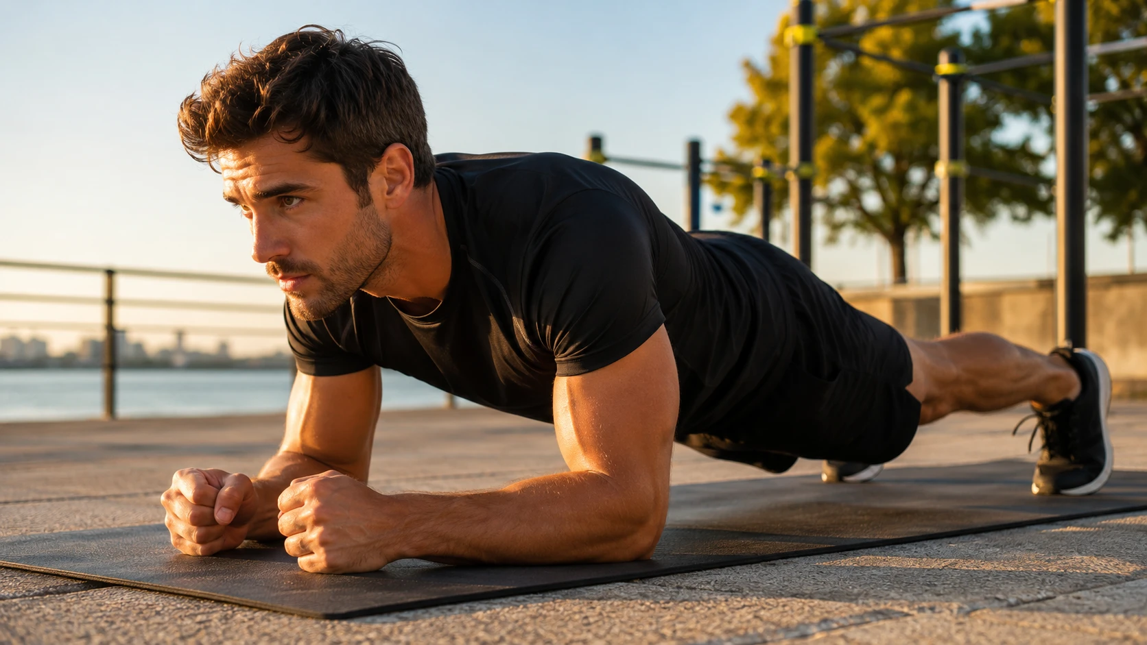 Ausdauer allein reicht für umfassende Fitness nicht aus: Übungen wie Planks stärken zusätzlich Rumpf und Stabilität und ergänzen Walking oder Jogging sinnvoll. (KI-generiert)