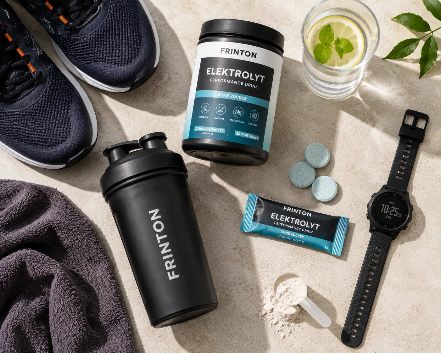 Elektrolytpulver, Trinkflasche und Sportausrüstung – praktische Begleiter für intensive Trainingseinheiten und heiße Sommertage. (KI-generiert)
