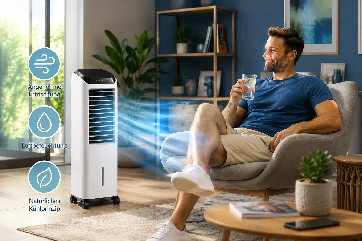 Zurücklehnen und durchatmen: Ein moderner Luftkühler sorgt an heißen Sommertagen im Wohnzimmer für eine angenehme Erfrischung und mehr Wohnkomfort. (KI-generiert)