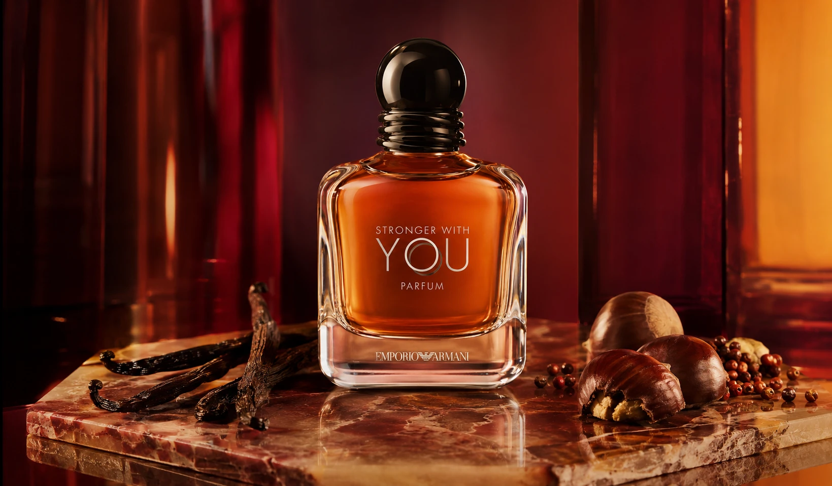 Vanille, Amber und würzige Wärme verleihen Emporio Armani Stronger With You Parfum seinen sinnlichen Charakter für Dates und kühle Abende. (PR-inspiriert, KI-generiert)