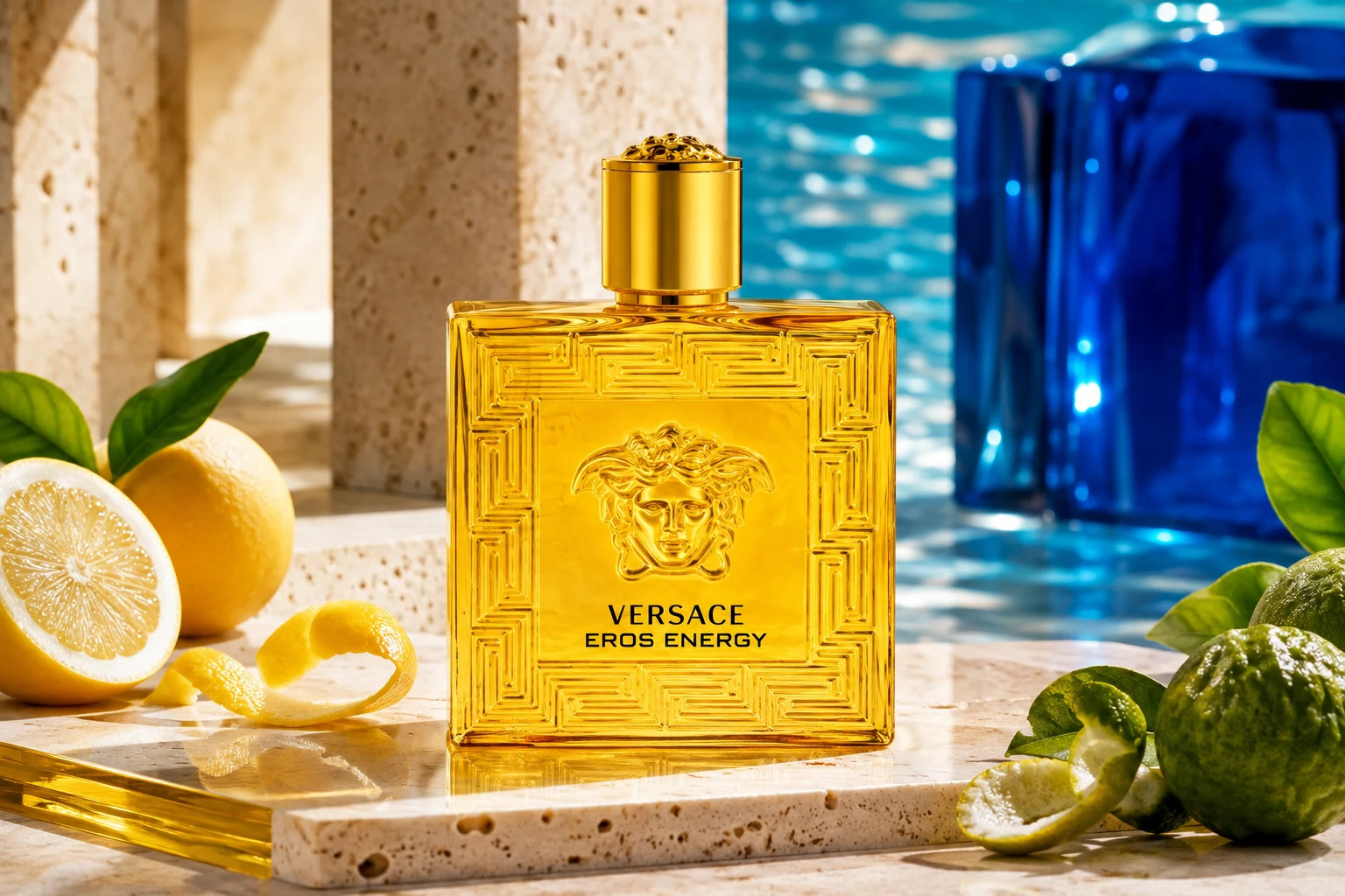 Zitrisch, leuchtend und voller Energie: Versace Eros Energy eignet sich besonders für warme Tage, Freizeit und Urlaub. (PR-inspiriert, KI-generiert)