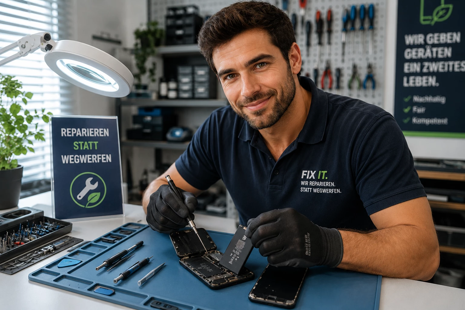 Bei Smartphones sollen Akkus, Displays und weitere wichtige Bauteile künftig deutlich länger repariert oder ausgetauscht werden können. (KI-generiert)