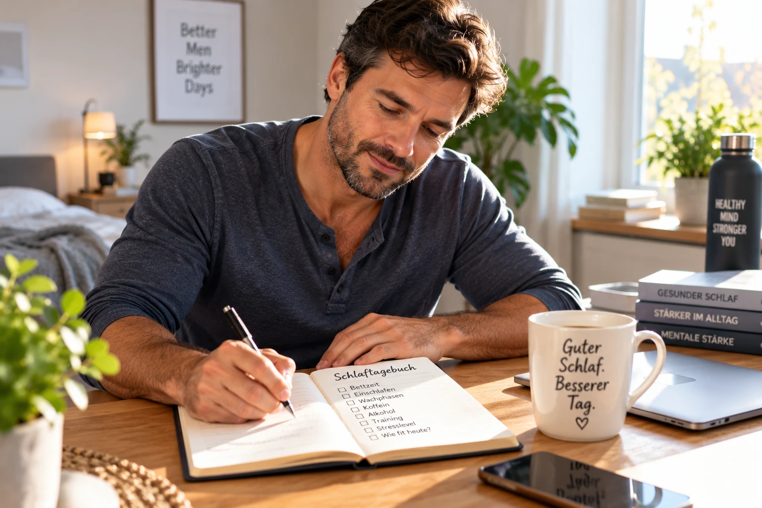 Ein Schlaftagebuch kann helfen, Zusammenhänge zwischen Bettzeiten, Alkohol, Koffein, Stress und nächtlichem Erwachen sichtbar zu machen. (KI-generiert)