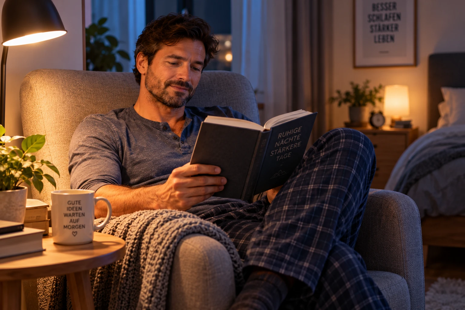 Wenn der Schlaf nicht zurückkommt, kann ruhiges Lesen bei gedämpftem Licht sinnvoller sein als genervtes Wachliegen und der Griff zum Smartphone. (KI-generiert)