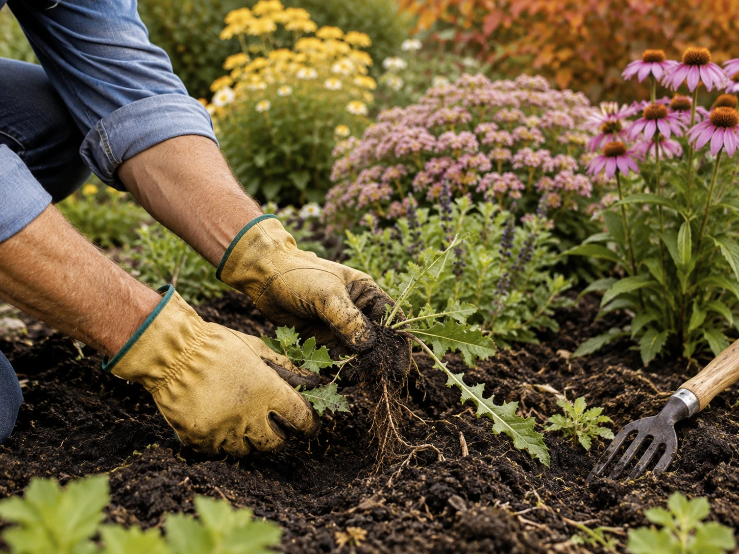 Mit Gartenhandschuhen lässt sich Unkraut im Beet gezielt entfernen – besonders gut gelingt das bei leicht feuchtem Boden, wenn sich die Wurzeln leichter lösen. (KI-generiert)
