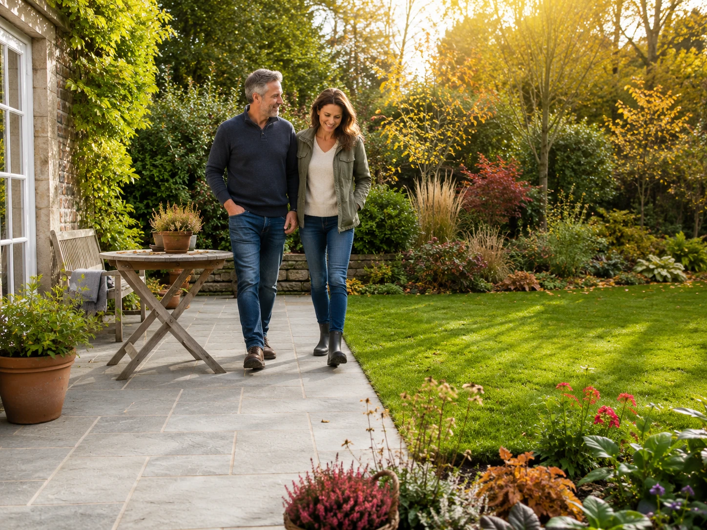Winterfit muss nicht steril bedeuten: Während Rasen und Terrasse gepflegt bleiben, darf in naturnahen Gartenbereichen bewusst etwas Herbstlaub liegen. (KI-generiert)
