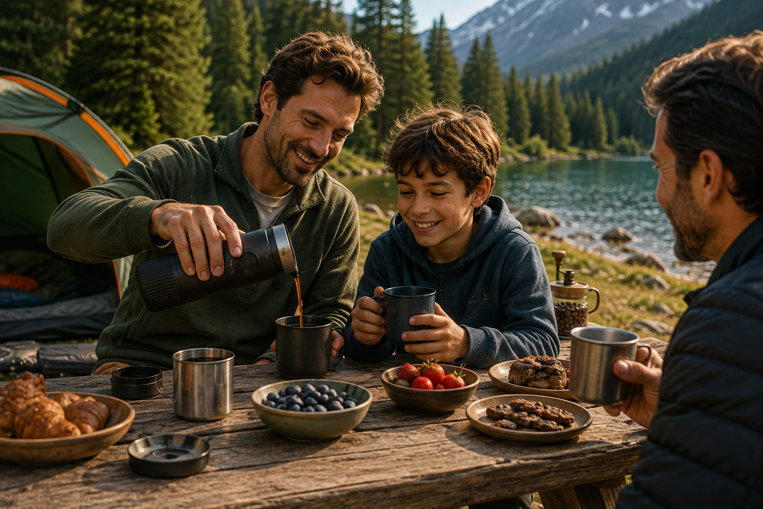Gemeinsam schmeckt Kaffee am Campingplatz am besten – tragbare Kaffeemaschinen sorgen überall für frischen Genuss. (KI-generiert)