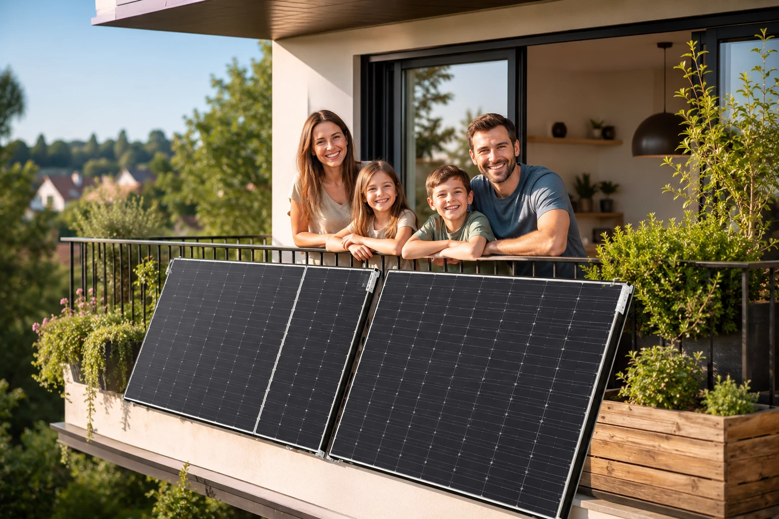 Mit einem Balkonkraftwerk kann die ganze Familie einen Teil ihres Stroms selbst erzeugen und langfristig Energiekosten senken. (KI-generiert)