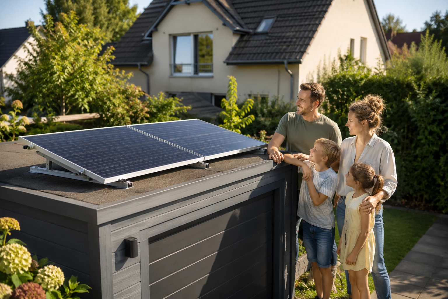 Balkonkraftwerke lassen sich nicht nur am Balkon montieren, sondern finden auch auf Garagen, Gartenhäusern oder im Garten einen geeigneten Platz. (KI-generiert)